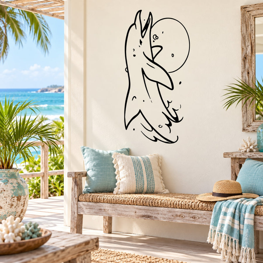 Black dolphin line-art wall decal with moon and splashes
