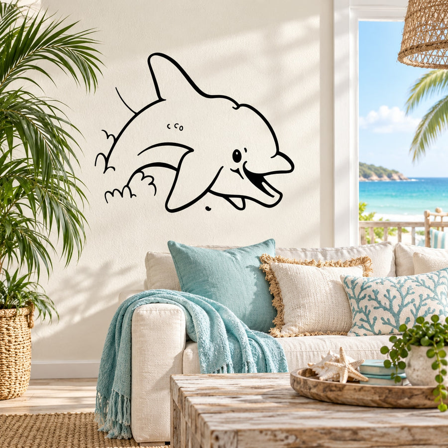 White dolphin line-art wall decal with playful wave and bubble details