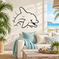 White dolphin line-art wall decal with playful wave and bubble details