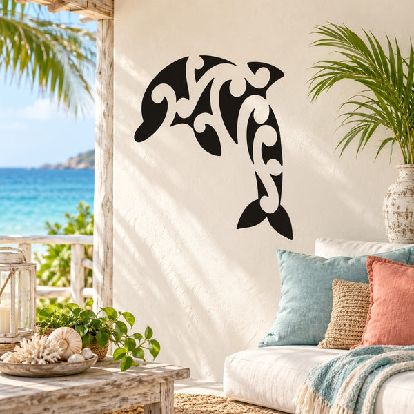 Black dolphin decal wall sticker with looping tail design