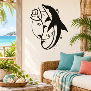 Black and white dolphin wall decal with floral design, decorative outline style