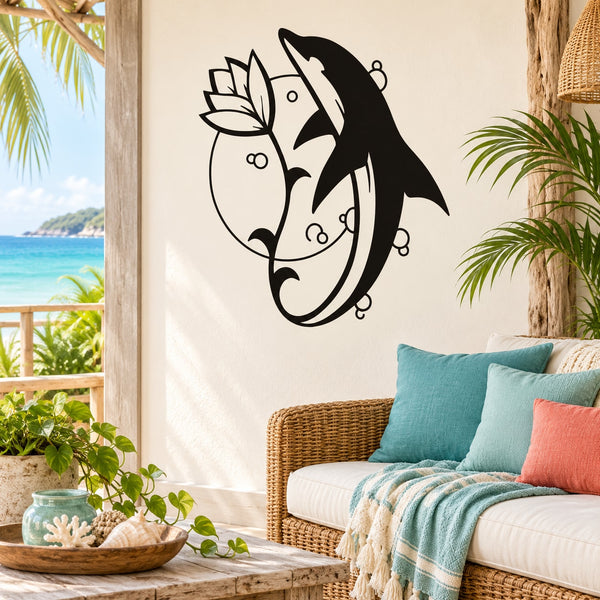 Black and white dolphin wall decal with floral design, decorative outline style