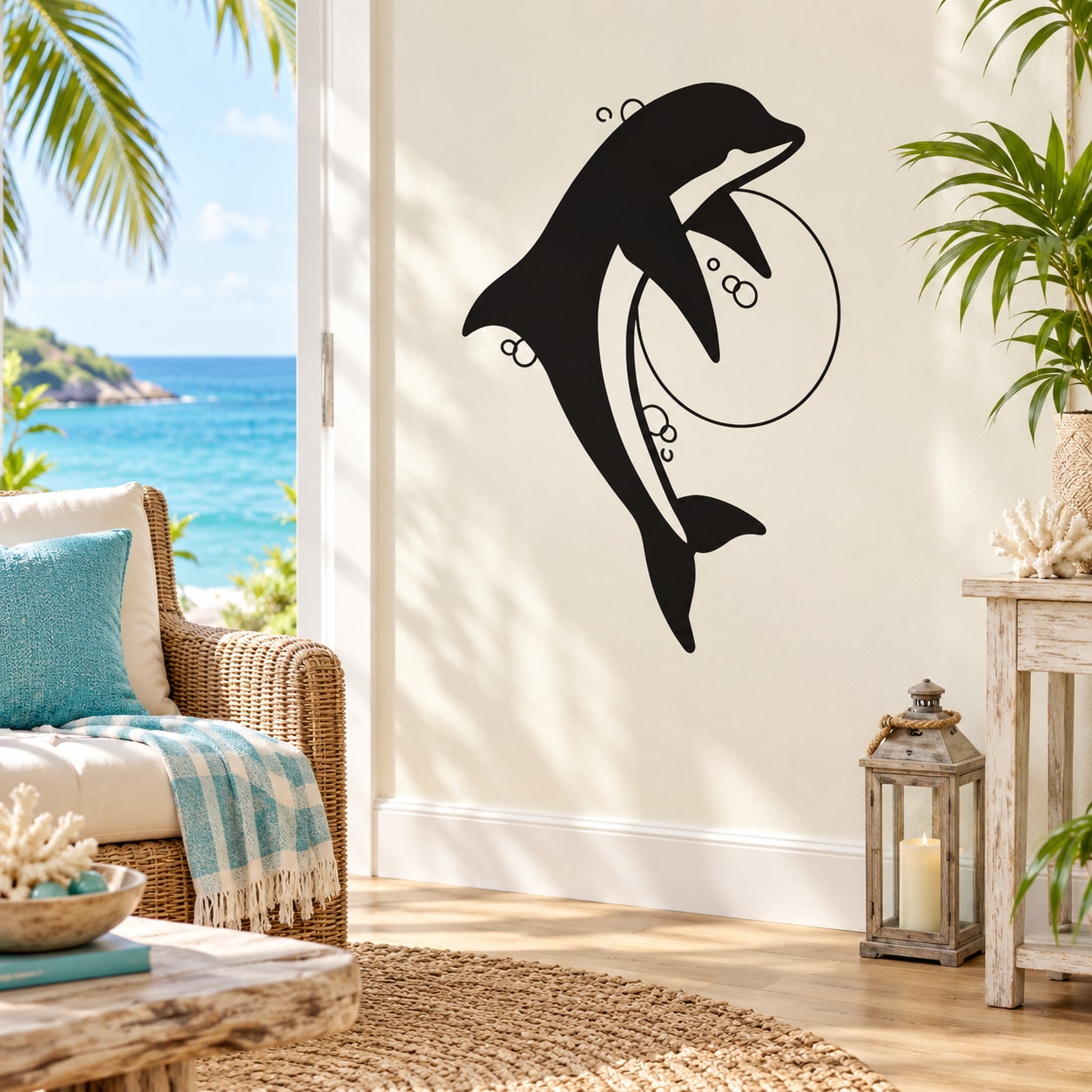 Dolphin and moon wall decal: black dolphin with circular moon face