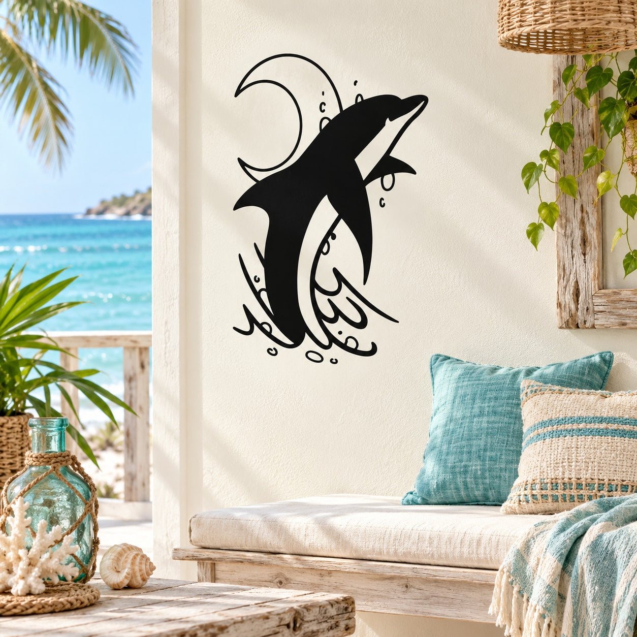 Black dolphin splash wall decal with crescent moon design