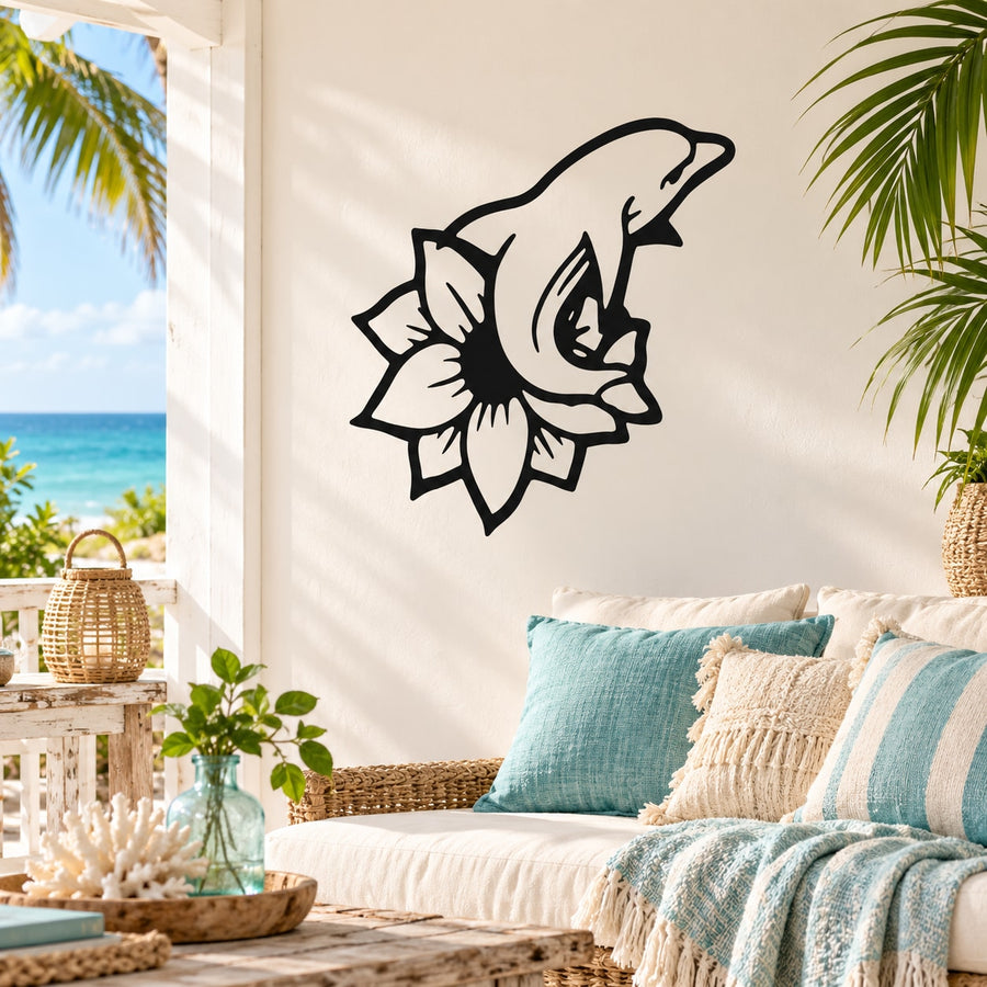 Wall decal sticker with black dolphin and flower line art design