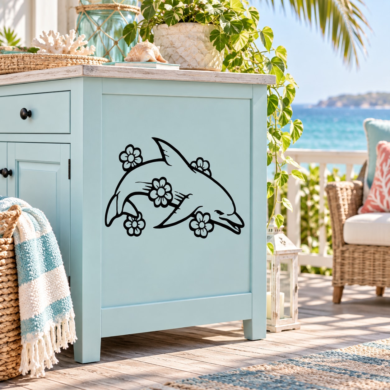 Dolphin and flower wall decal in black outline, featuring a smiling dolphin with blossoms