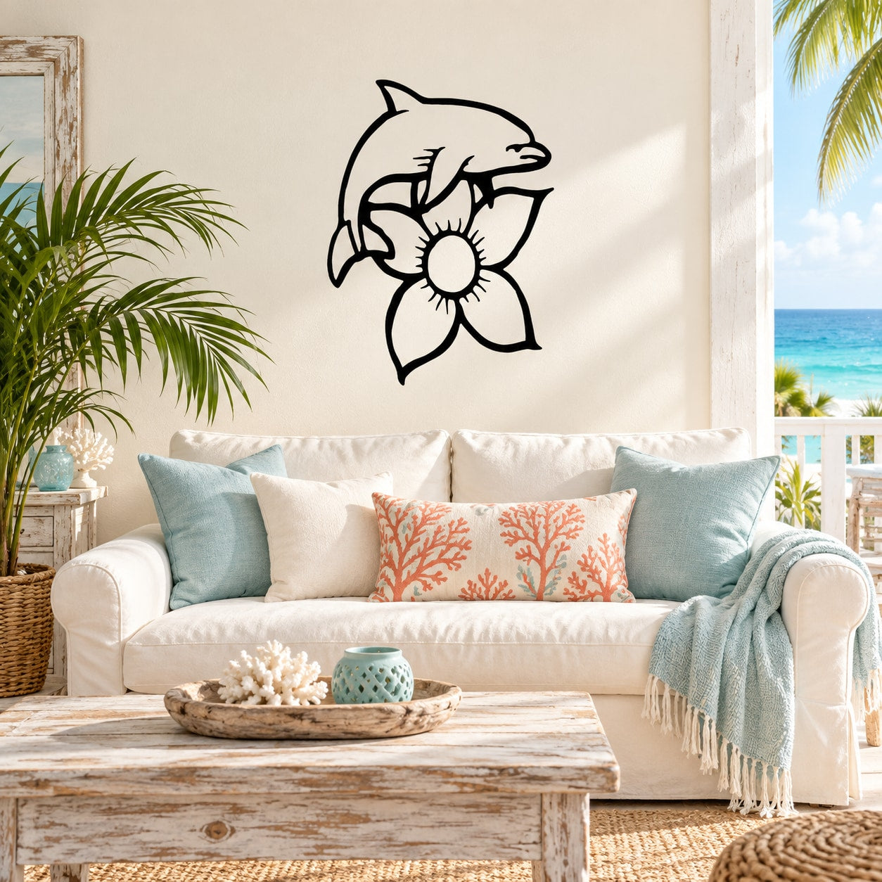 Dolphin and flower line-art wall decal in black