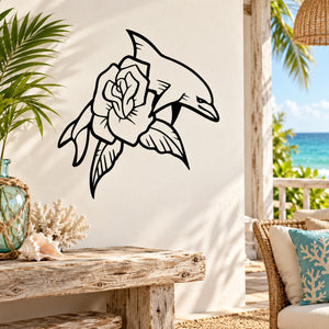 Black dolphin decal with rose design behind it, vinyl wall sticker