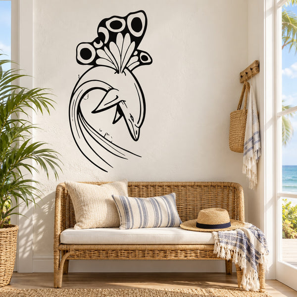 Dolphin and butterfly wings wall decal in black and white line art