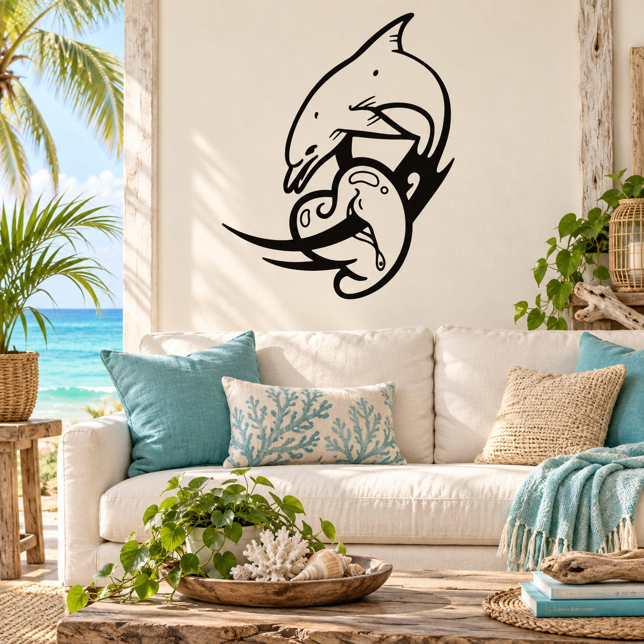 Black dolphin with heart piercing wall decal