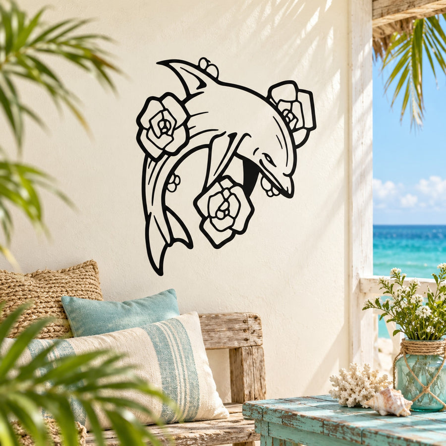 Floral dolphin wall decal, black line art with flowers