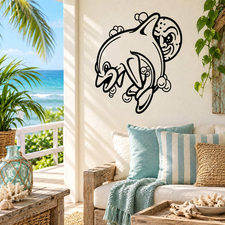 Kids wall decal: friendly dolphin jumping with moon, black outline