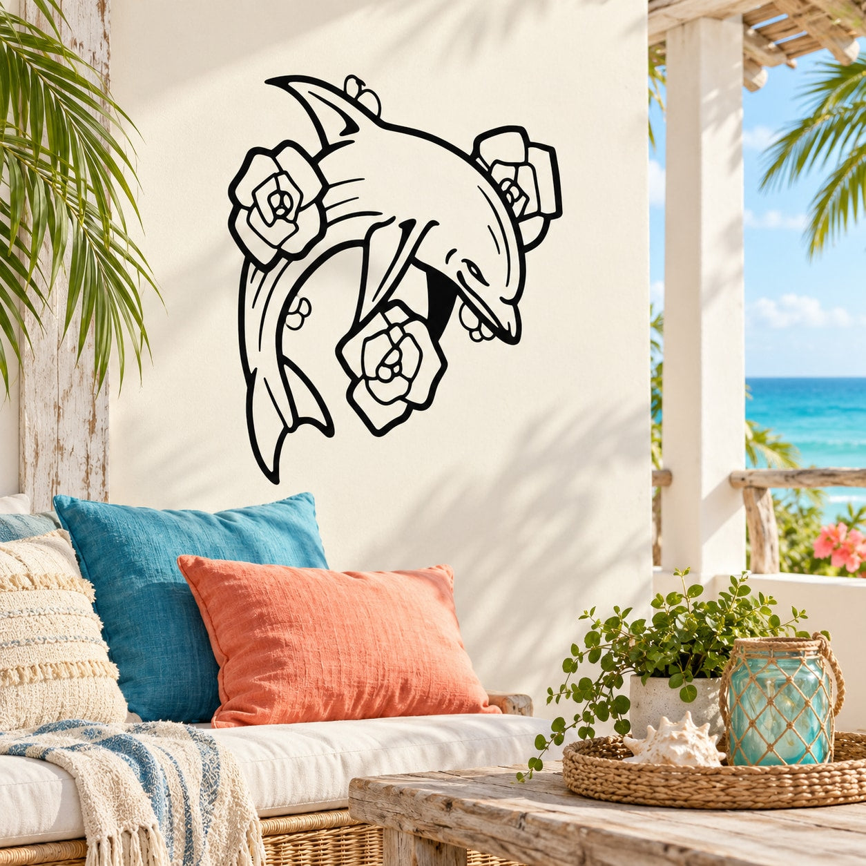Dolphin wall decal with rose flower detailing, black outline