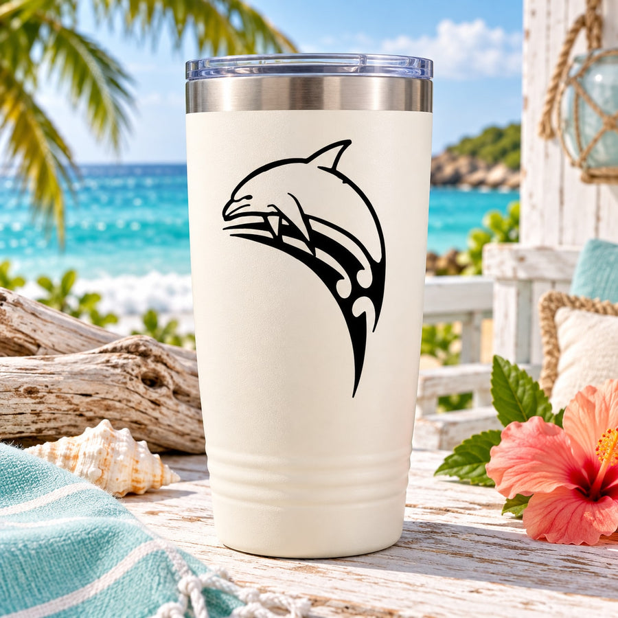 White tumbler with black dolphin decal graphic on front