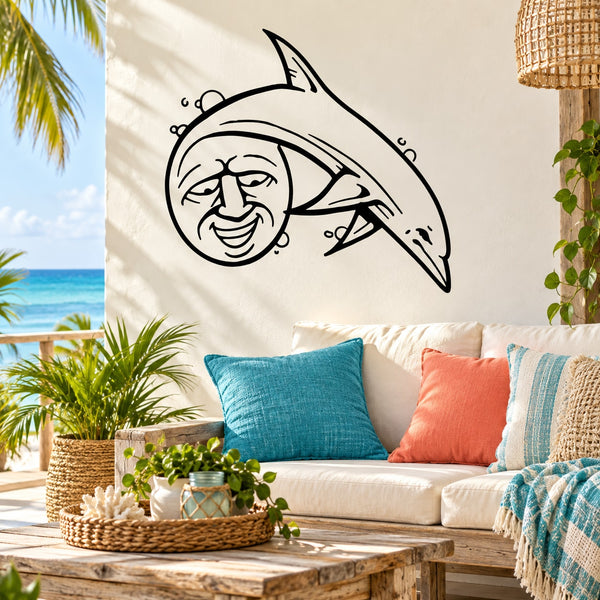 Black line-art dolphin wall decal with a smiling moon face and small star accents