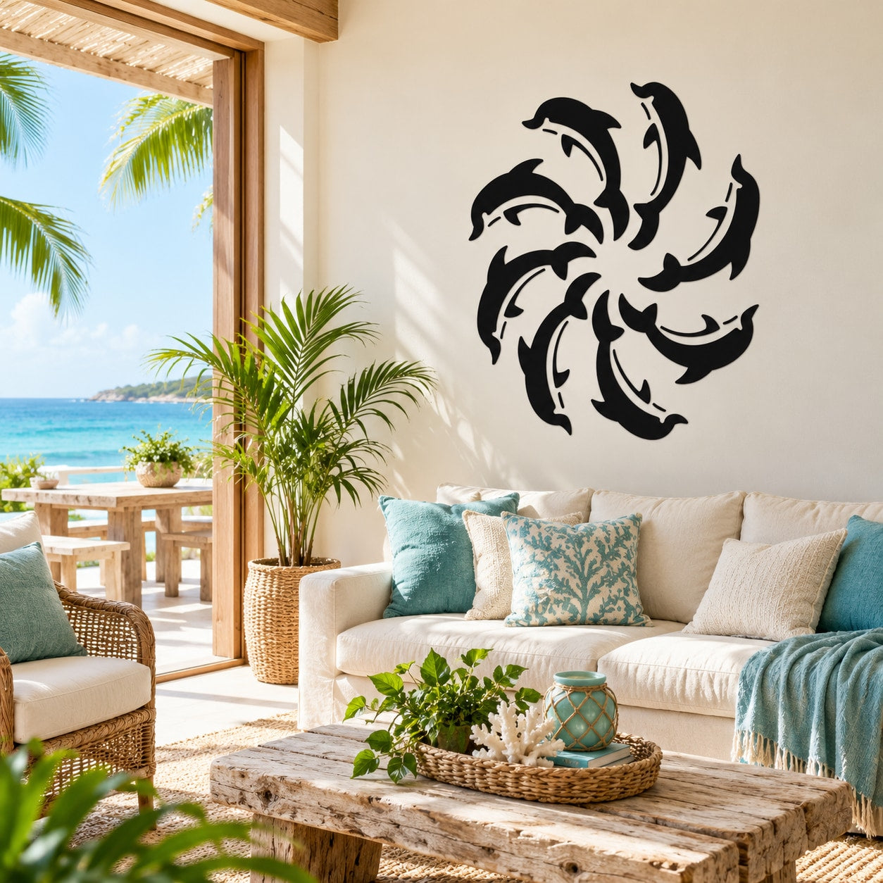 Black dolphin repeat wall decal with looping illustrated fins and tails
