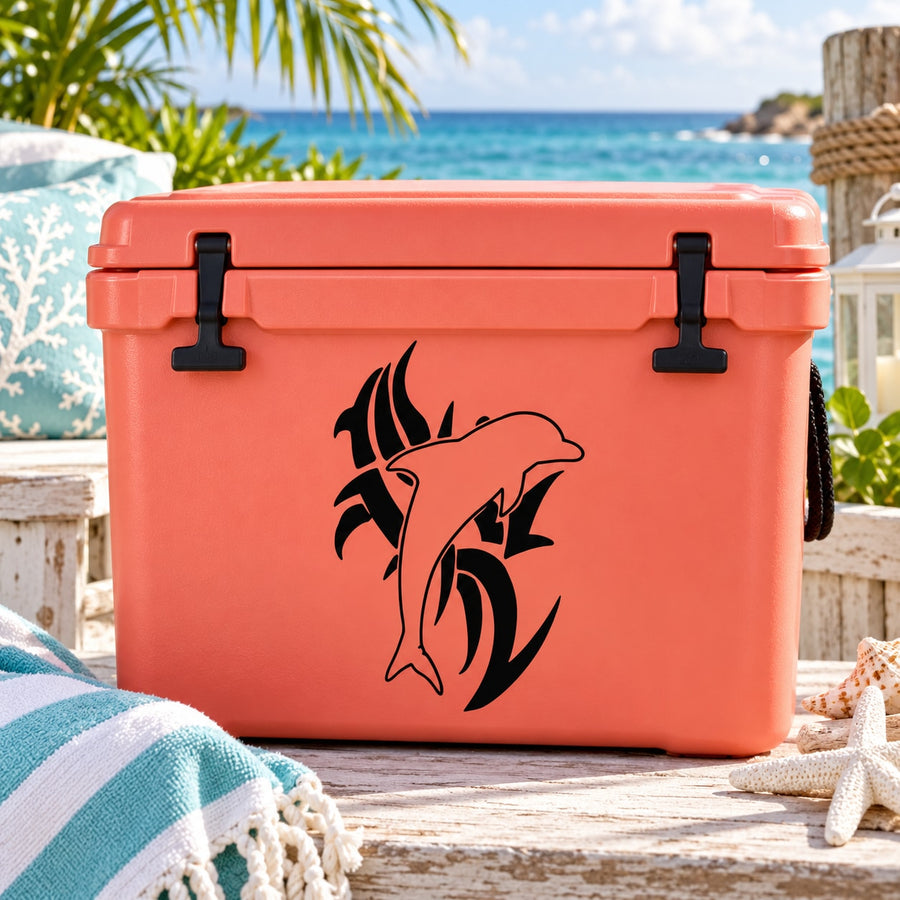 Thorne tribal dolphin decal in black on orange cooler