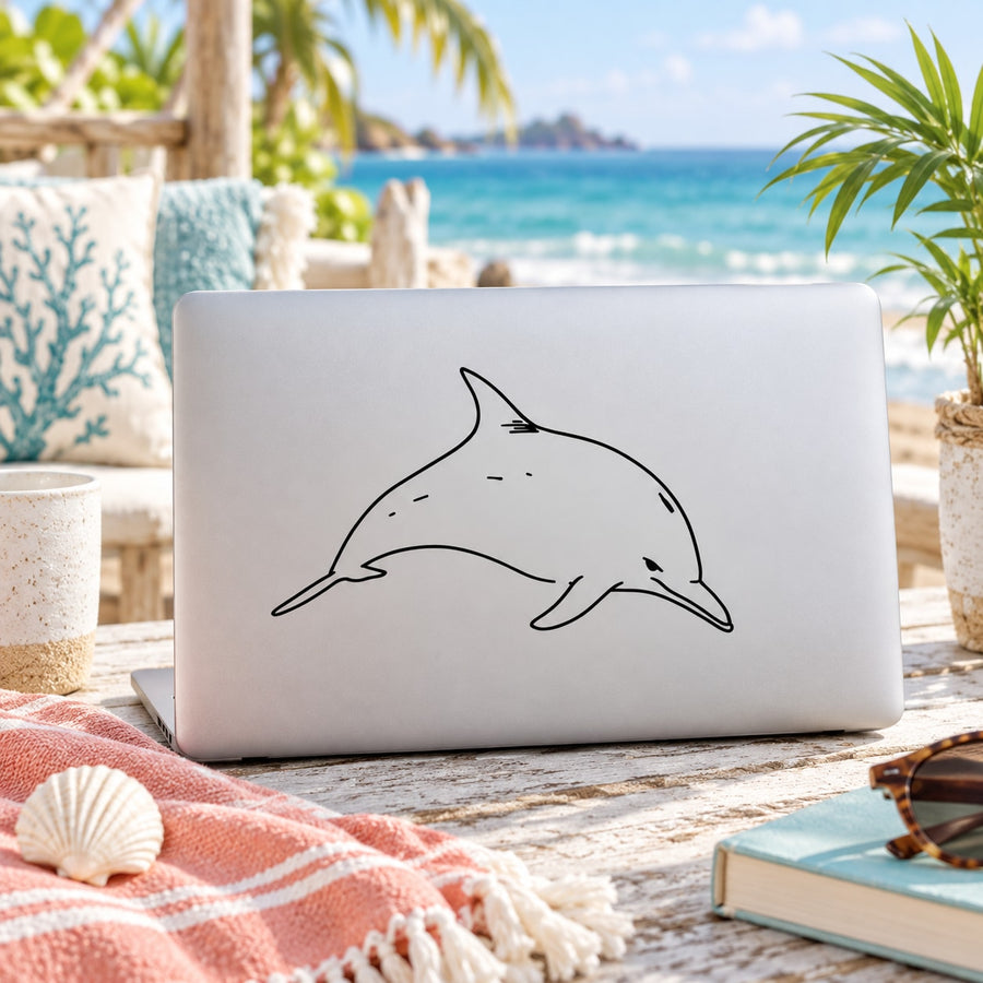 Black line-art dolphin decal for smooth surfaces, decorative outline design