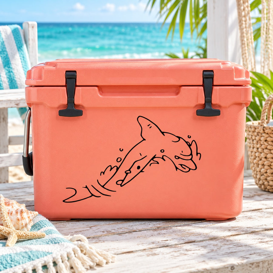 Dolphin decal on orange cooler, black outline dolphin with bubbles