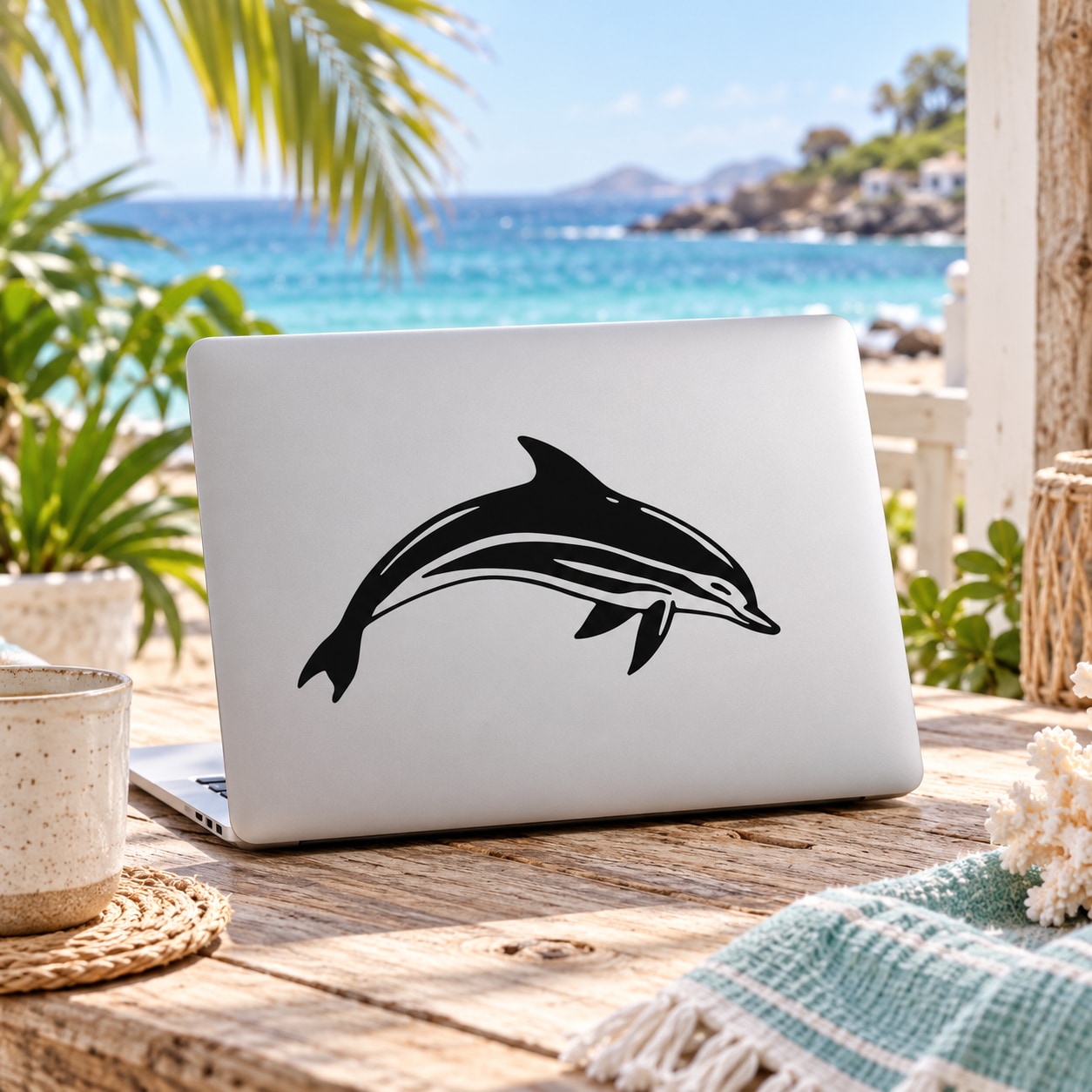 Black dolphin decal with striped inner lines, vinyl-style sticker