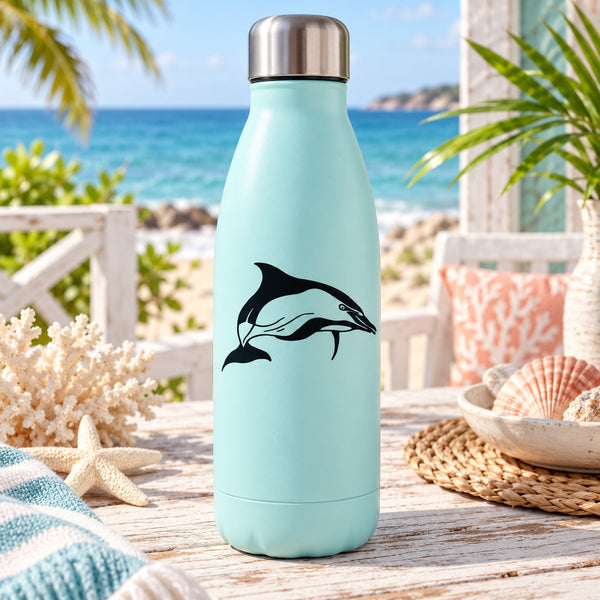 Aqua insulated water bottle with black dolphin decal on the front