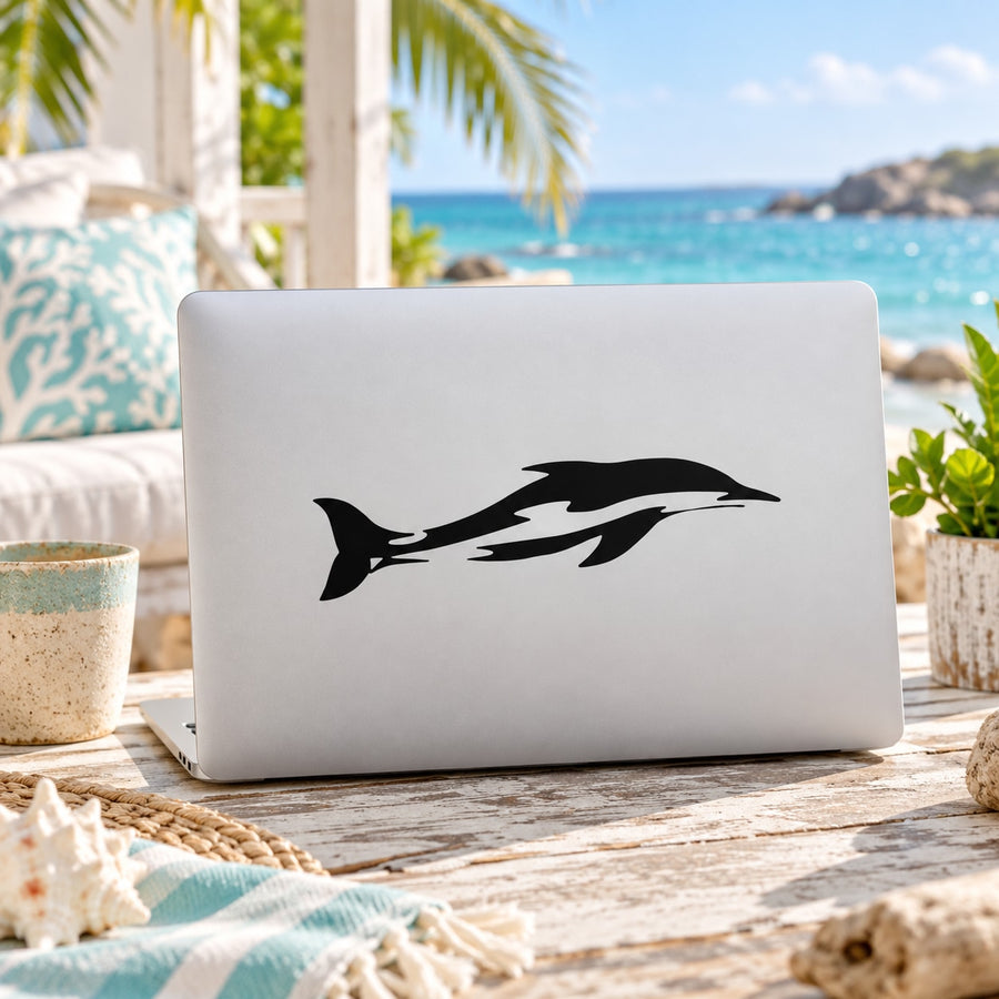 Black dolphin swimming decal sticker with curved motion lines