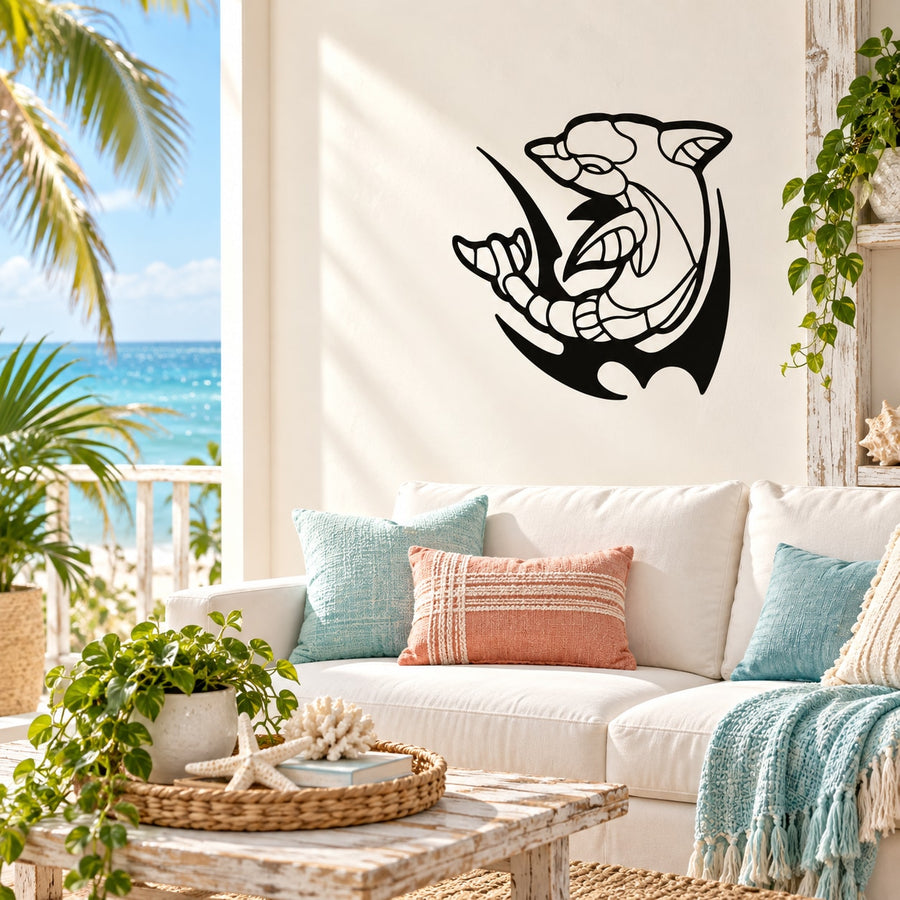 Black robot dolphin wall decal with razor motif, stylized single-line art.