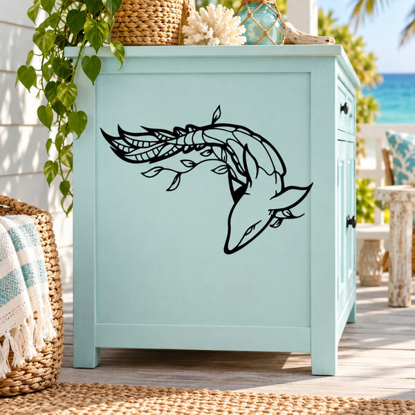 Japanese dolphin leaf decal on light blue cabinet door