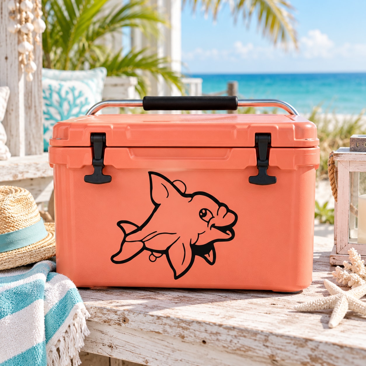 Black fish decal on orange hard case