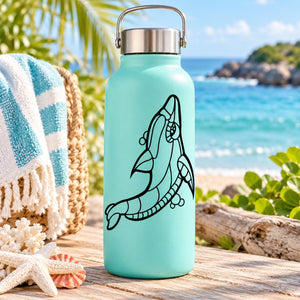 Aqua reusable water bottle with black dolphin contour decal