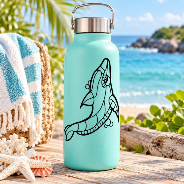 Aqua reusable water bottle with black dolphin contour decal