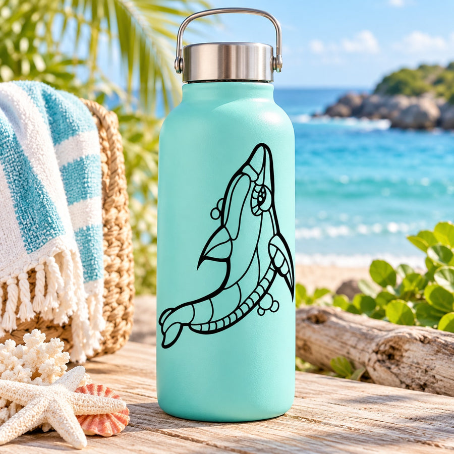 Aqua reusable water bottle with black dolphin contour decal
