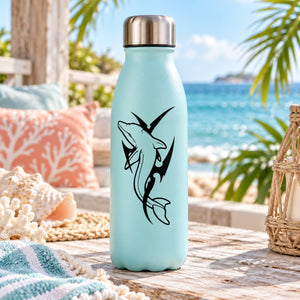 Black dolphin decal on light blue water bottle, full-body design with spiked tail