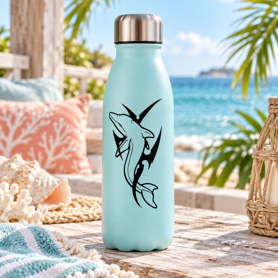 Black dolphin decal on light blue water bottle, full-body design with spiked tail