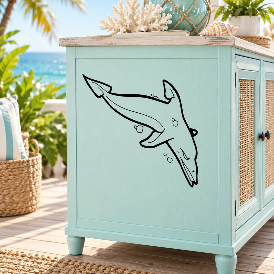 Black demon dolphin outline decal with playful cartoon style