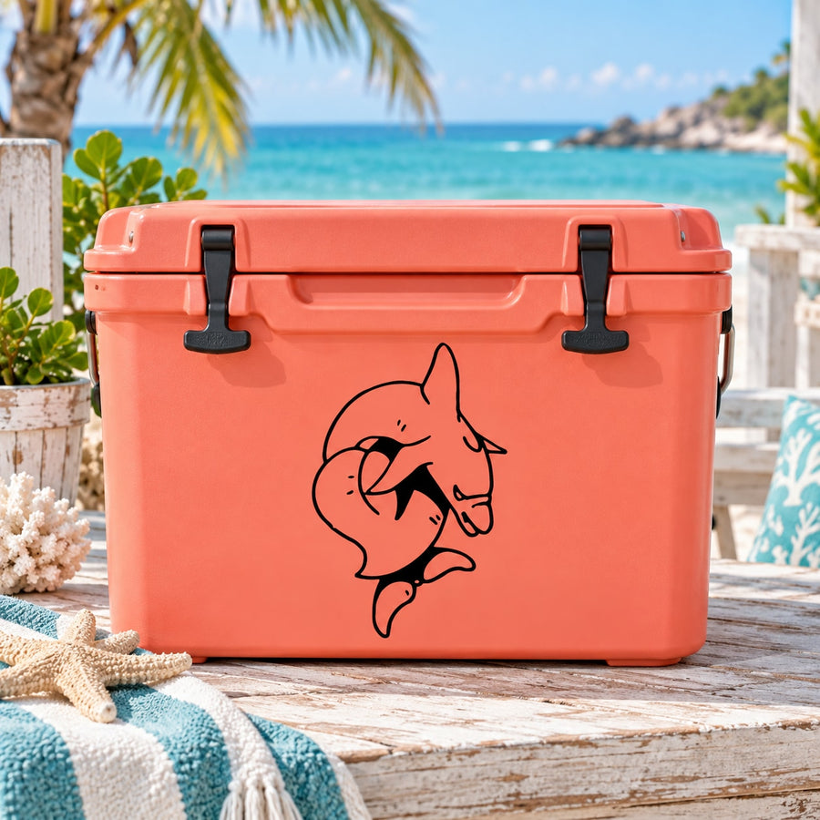 Orange cooler with black dolphin and heart tattoo-style decal on the front