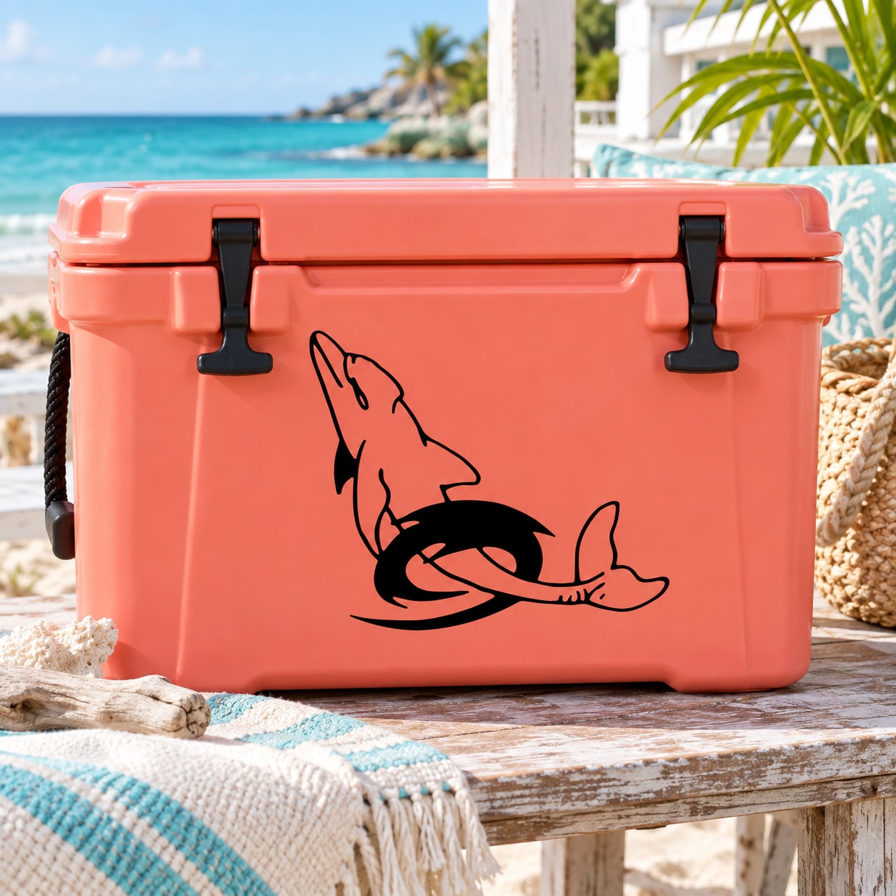 Black dolphin decal with spiral tail on coral cooler