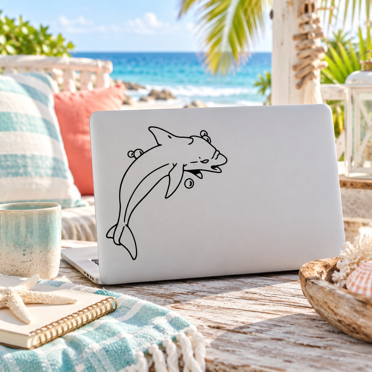 White laptop lid with line-art dolphin and bubbles decal