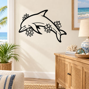 Dolphin wall decal with black dolphin silhouette and blooming flower details