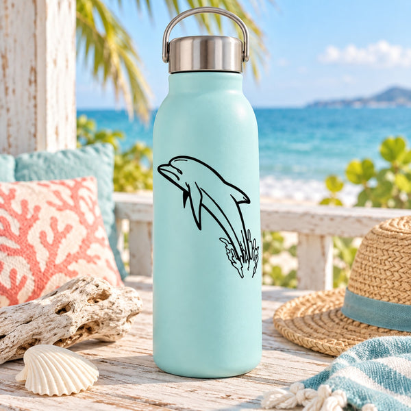 Light blue water bottle with black dolphin decal graphic