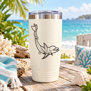 White tumbler with black dolphin decal, stainless steel lid, straight cylindrical design