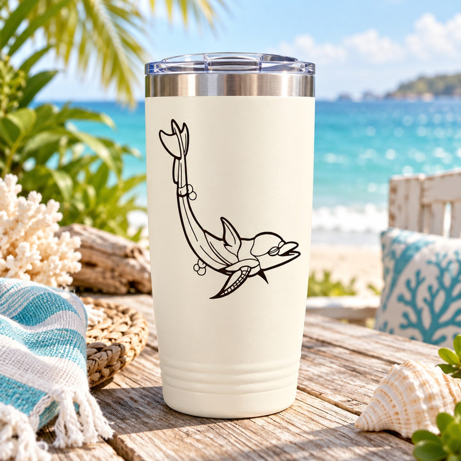 White tumbler with black dolphin decal, stainless steel lid, straight cylindrical design