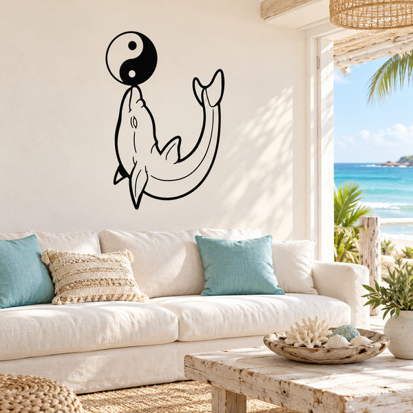 Dolphin and yin-yang line art wall decal