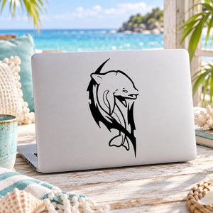 Razor tattoo dolphin decal, black stencil-style dolphin head on laptop lid