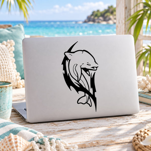 Razor tattoo dolphin decal, black stencil-style dolphin head on laptop lid