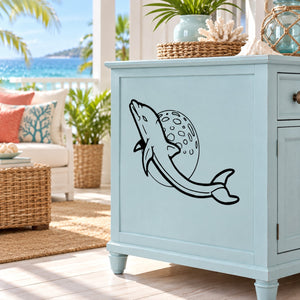 Black space dolphin moon wall decal, outline dolphin with dotted body