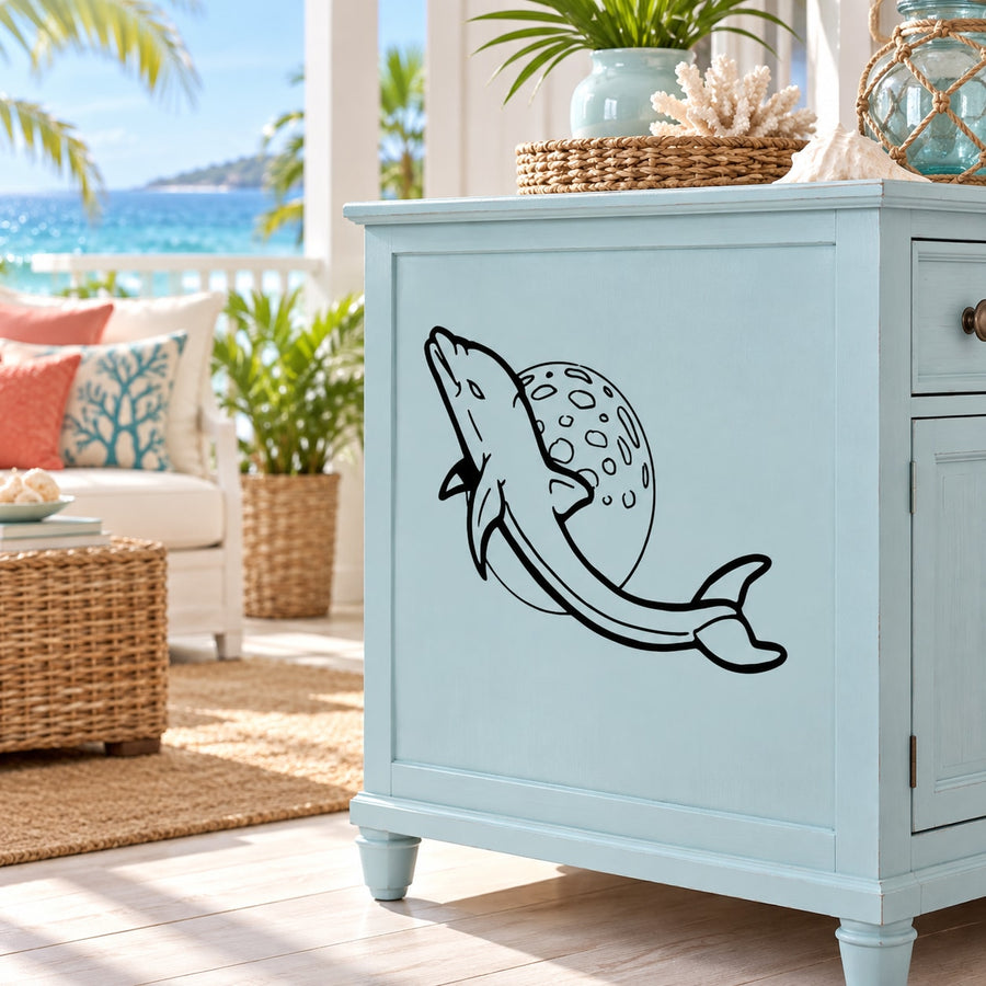 Black space dolphin moon wall decal, outline dolphin with dotted body