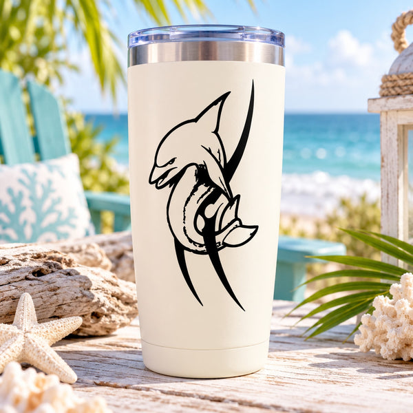 White tumbler with black tribal dolphin decal with spiked fins