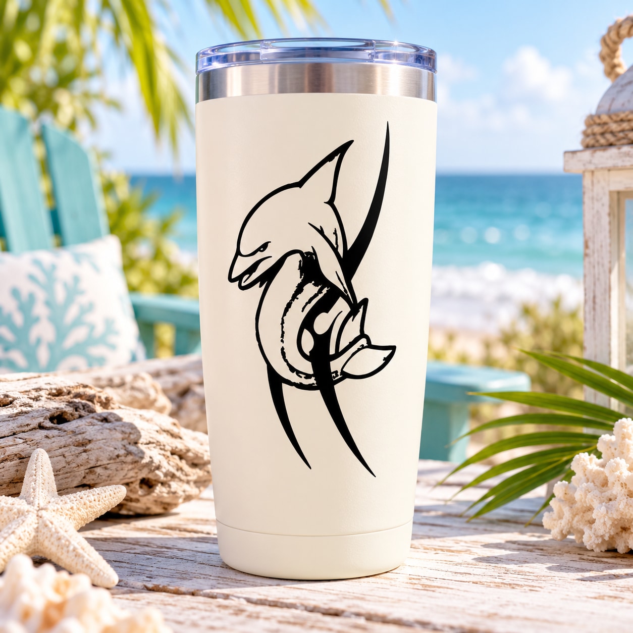 White tumbler with black tribal dolphin decal with spiked fins