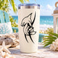 White tumbler with black tribal dolphin decal with spiked fins